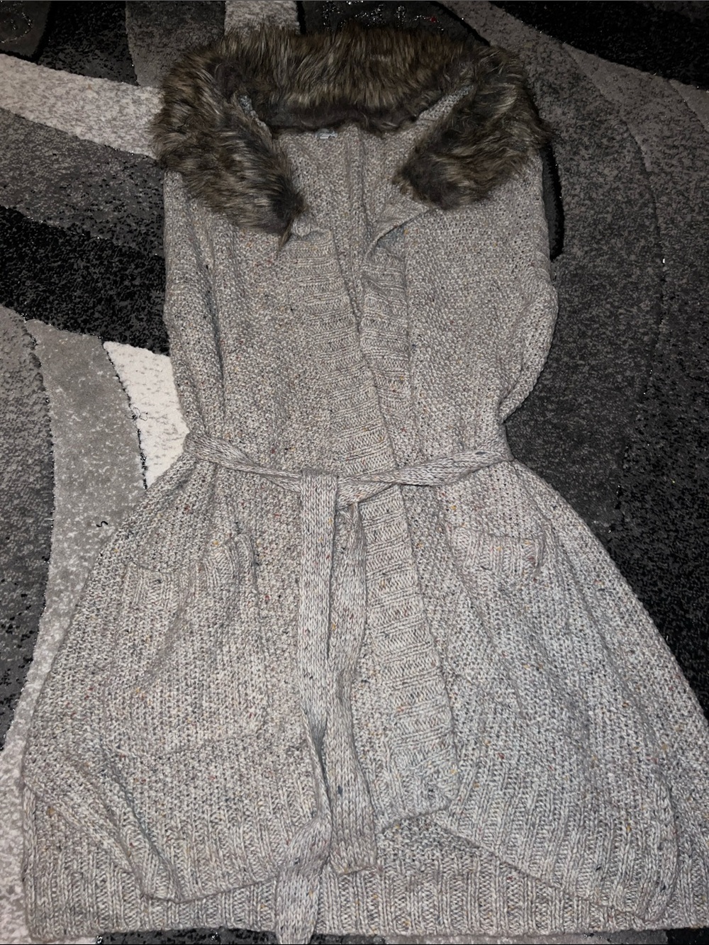 Kismet Neutral Speckled Knit Cardigan with Faux Fur Trim